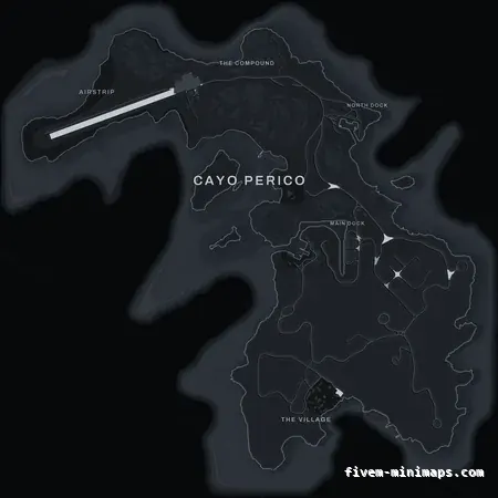 Gray GRAPHITE Cayo Perico FiveM-compatible minimap for GTA 5 — optional island add-on in the same palette, without postal codes