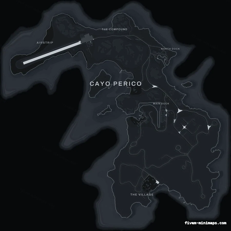 Gray GRAPHITE Cayo Perico FiveM-compatible minimap for GTA 5 — optional island add-on in the same palette, without postal codes