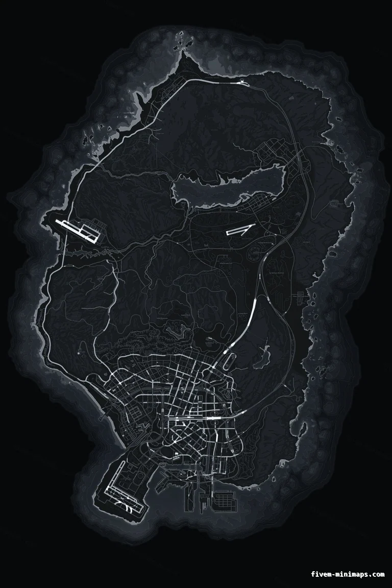 Gray GRAPHITE FiveM minimap for GTA V — without postal codes — showing the whole San Andreas map