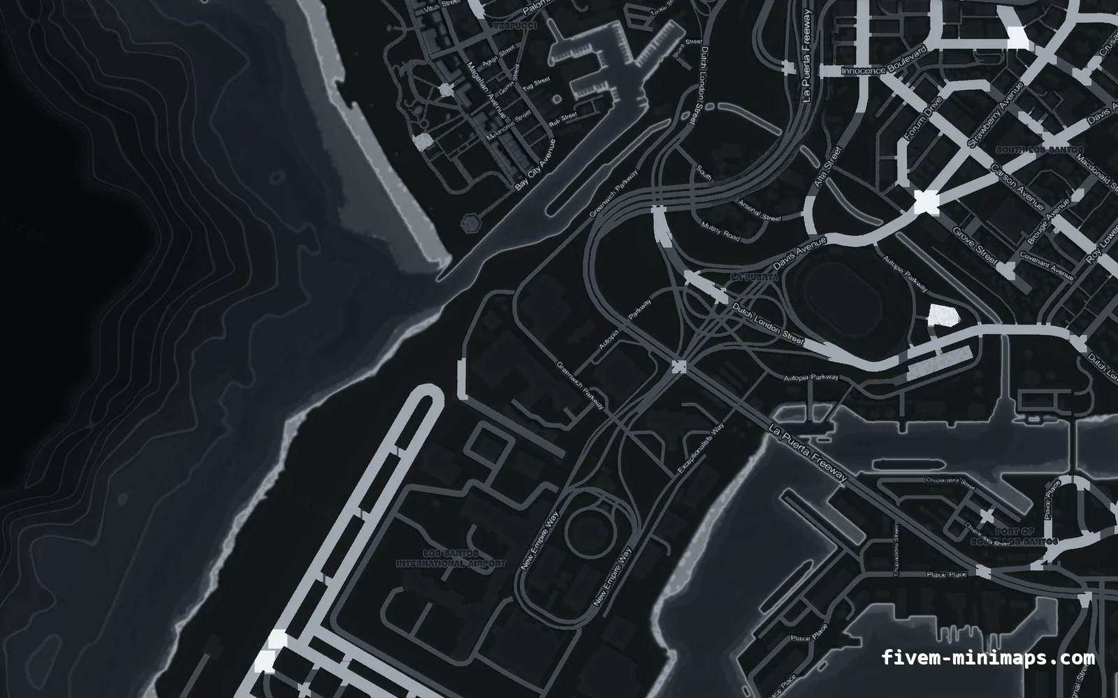 Gray minimap — Harbour Gray GRAPHITE FiveM minimap for GTA V — without postal codes — showing the harbour and industrial docks