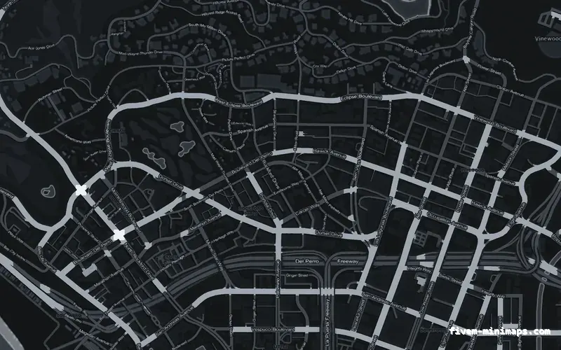 Gray GRAPHITE FiveM minimap for GTA V — without postal codes — showing Los Santos street detail