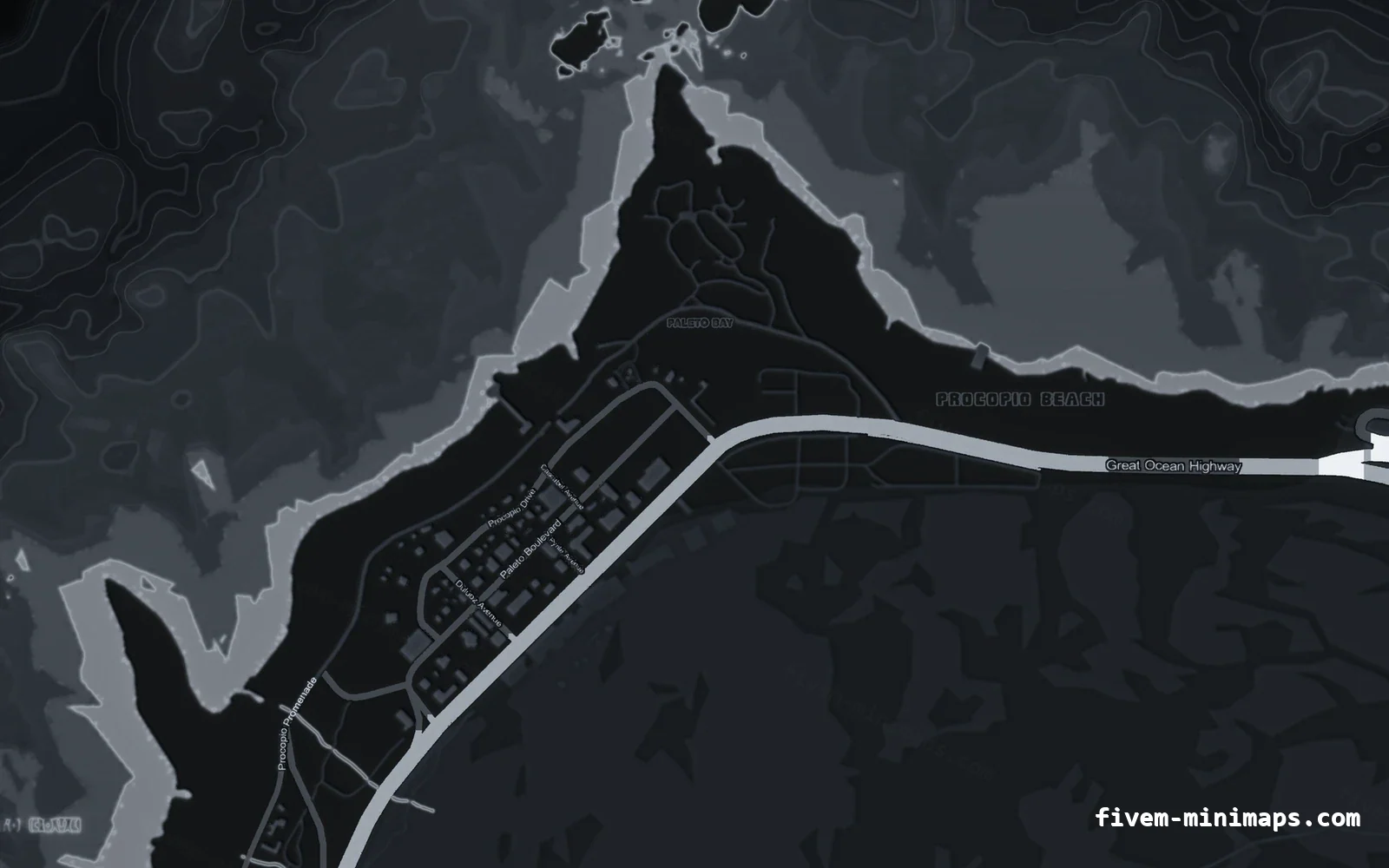 Gray minimap — Paleto Bay Gray GRAPHITE FiveM minimap for GTA V — without postal codes — showing Paleto Bay and Mount Chiliad