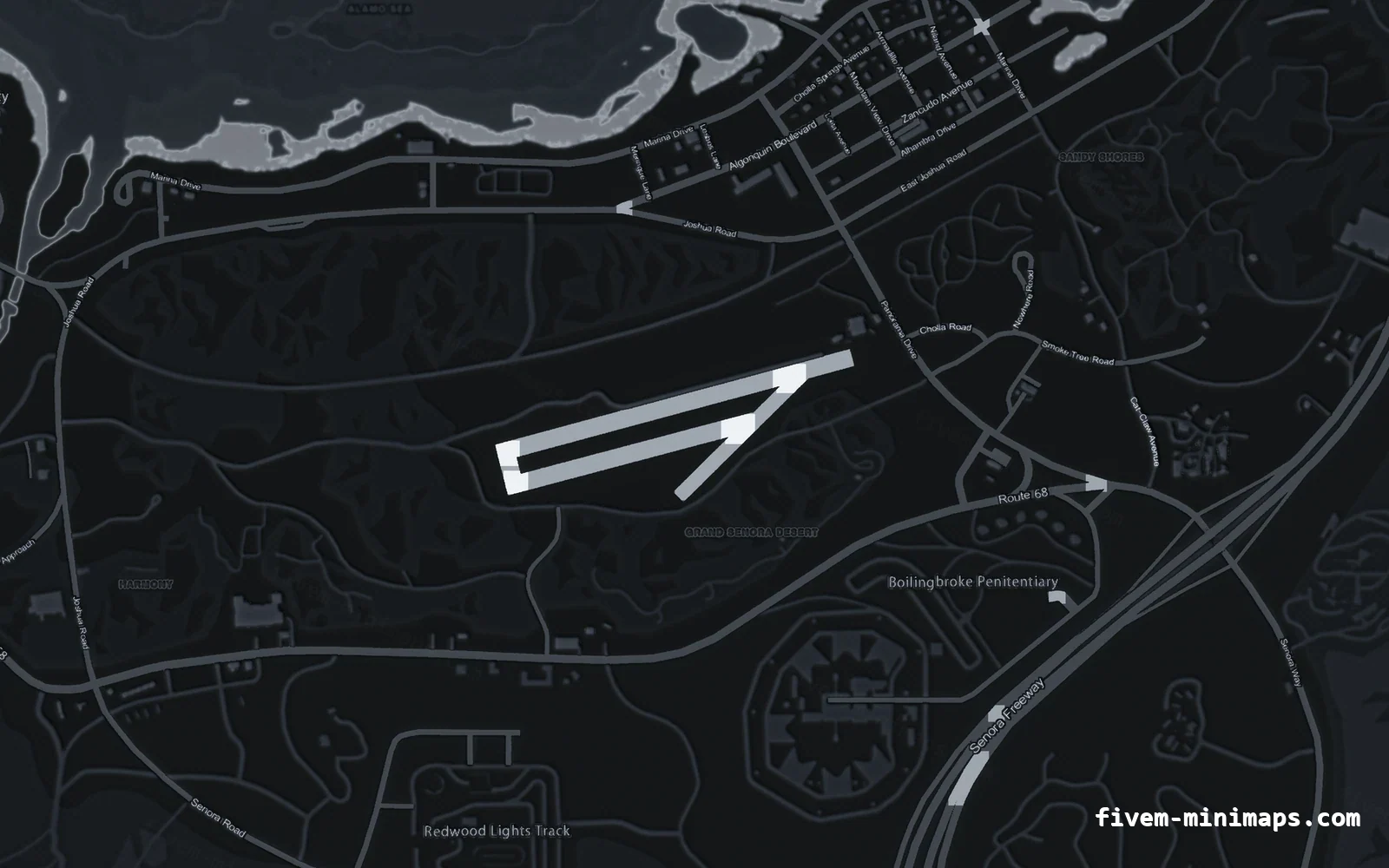 Gray minimap — Sandy Shores Gray GRAPHITE FiveM minimap for GTA V — without postal codes — showing Sandy Shores and the desert