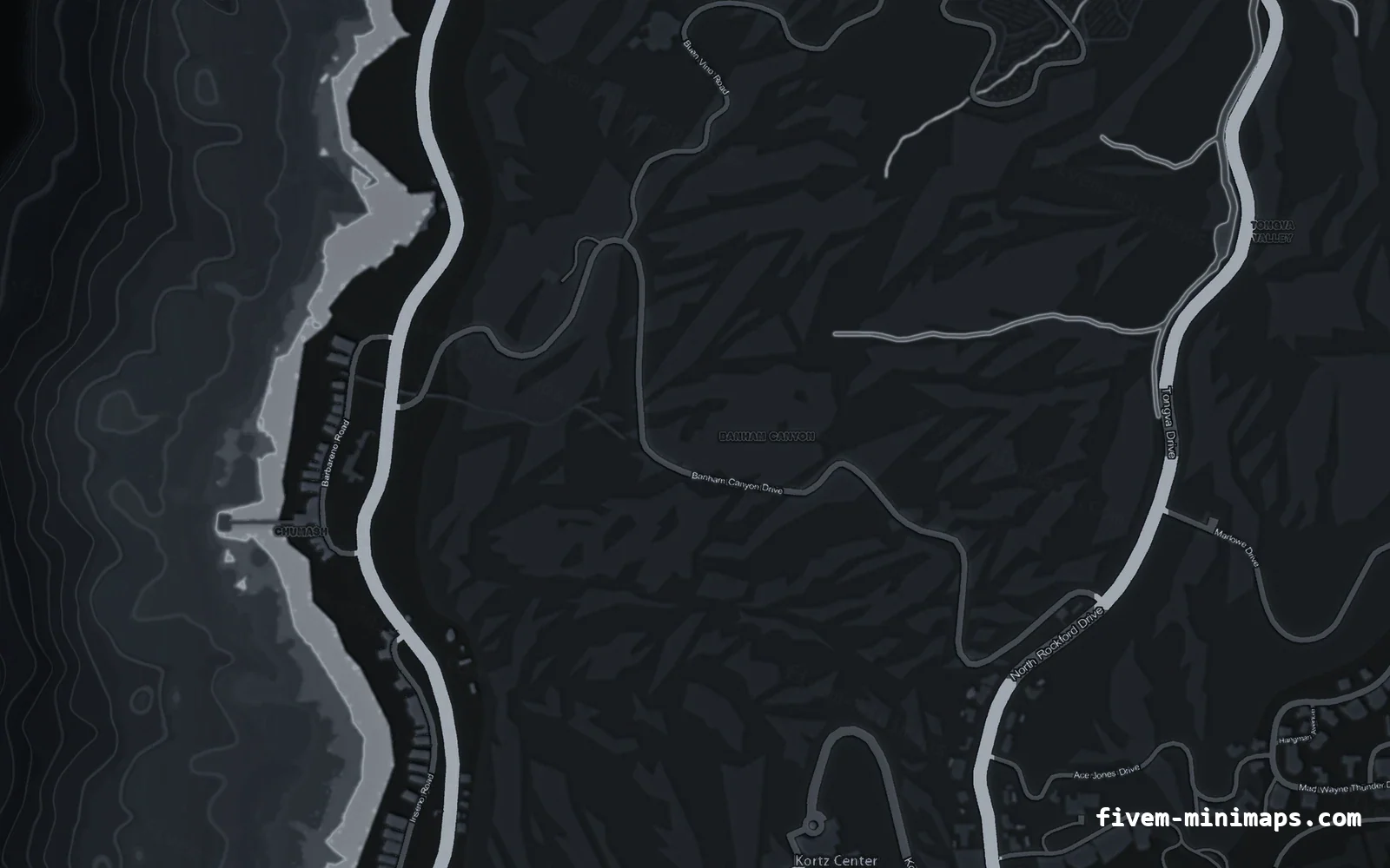 Gray minimap — West coast Gray GRAPHITE FiveM minimap for GTA V — without postal codes — showing the west coast and depth contours