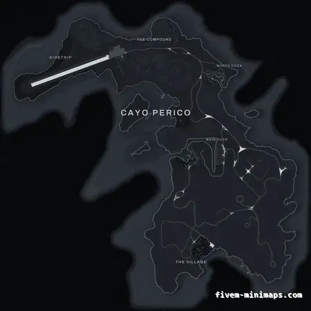 Gray GRAPHITE Cayo Perico FiveM-compatible minimap for GTA 5 — optional island add-on in the same palette, with postal codes