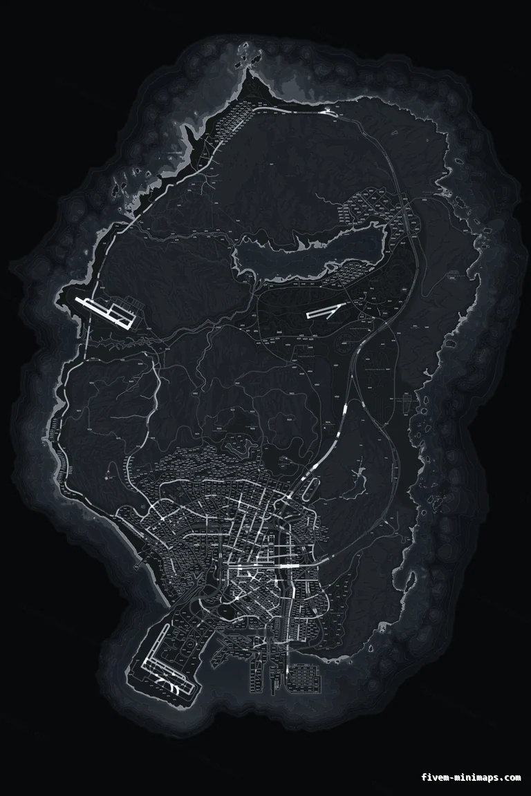 Gray GRAPHITE FiveM minimap for GTA V — with postal codes — showing the whole San Andreas map