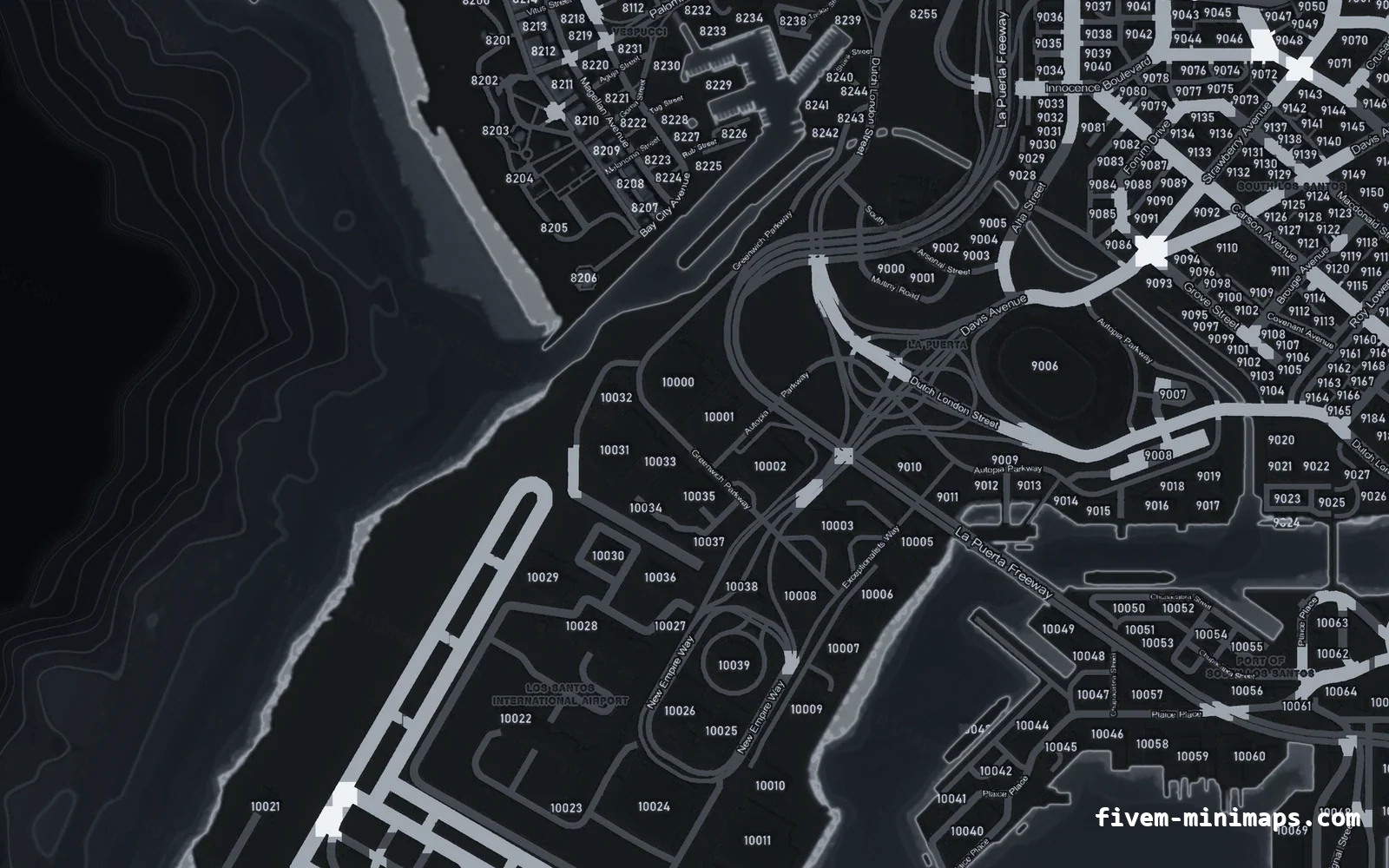 Gray minimap — Harbour Gray GRAPHITE FiveM minimap for GTA V — with postal codes — showing the harbour and industrial docks