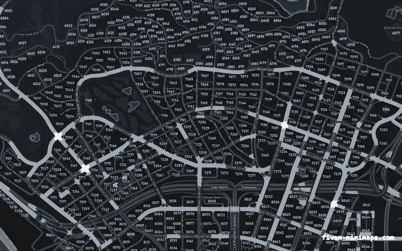 Gray GRAPHITE FiveM minimap for GTA V — with postal codes — showing Los Santos street detail