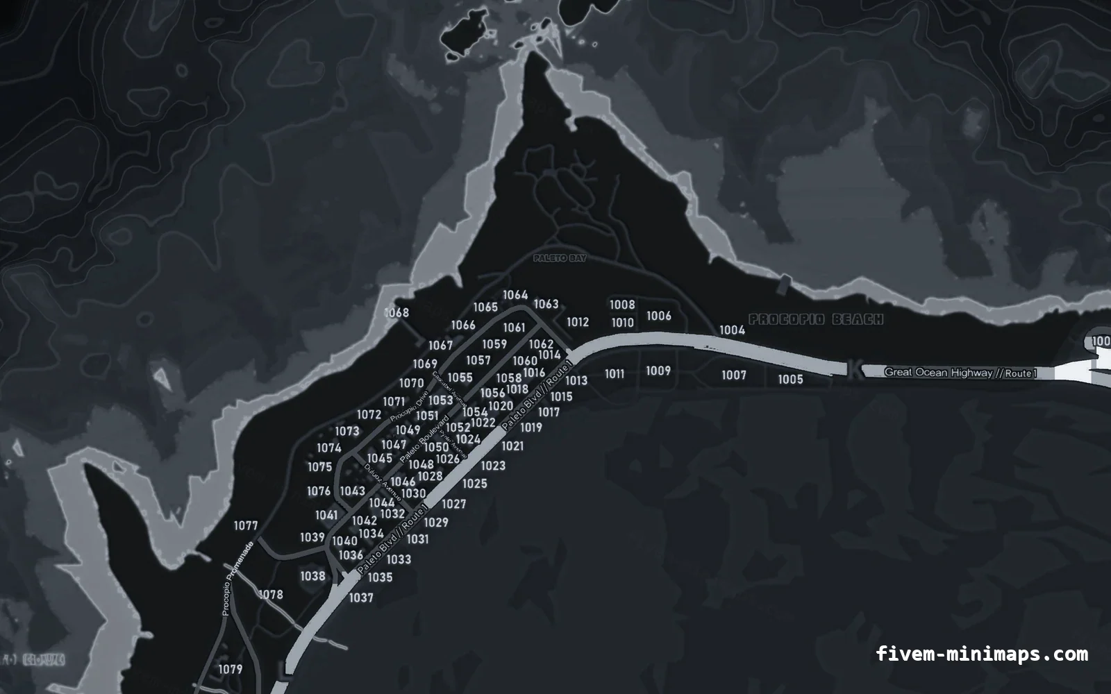 Gray minimap — Paleto Bay Gray GRAPHITE FiveM minimap for GTA V — with postal codes — showing Paleto Bay and Mount Chiliad
