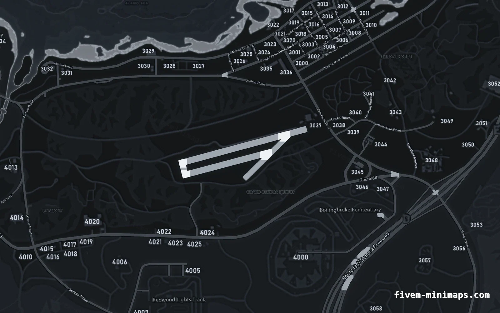 Gray minimap — Sandy Shores Gray GRAPHITE FiveM minimap for GTA V — with postal codes — showing Sandy Shores and the desert