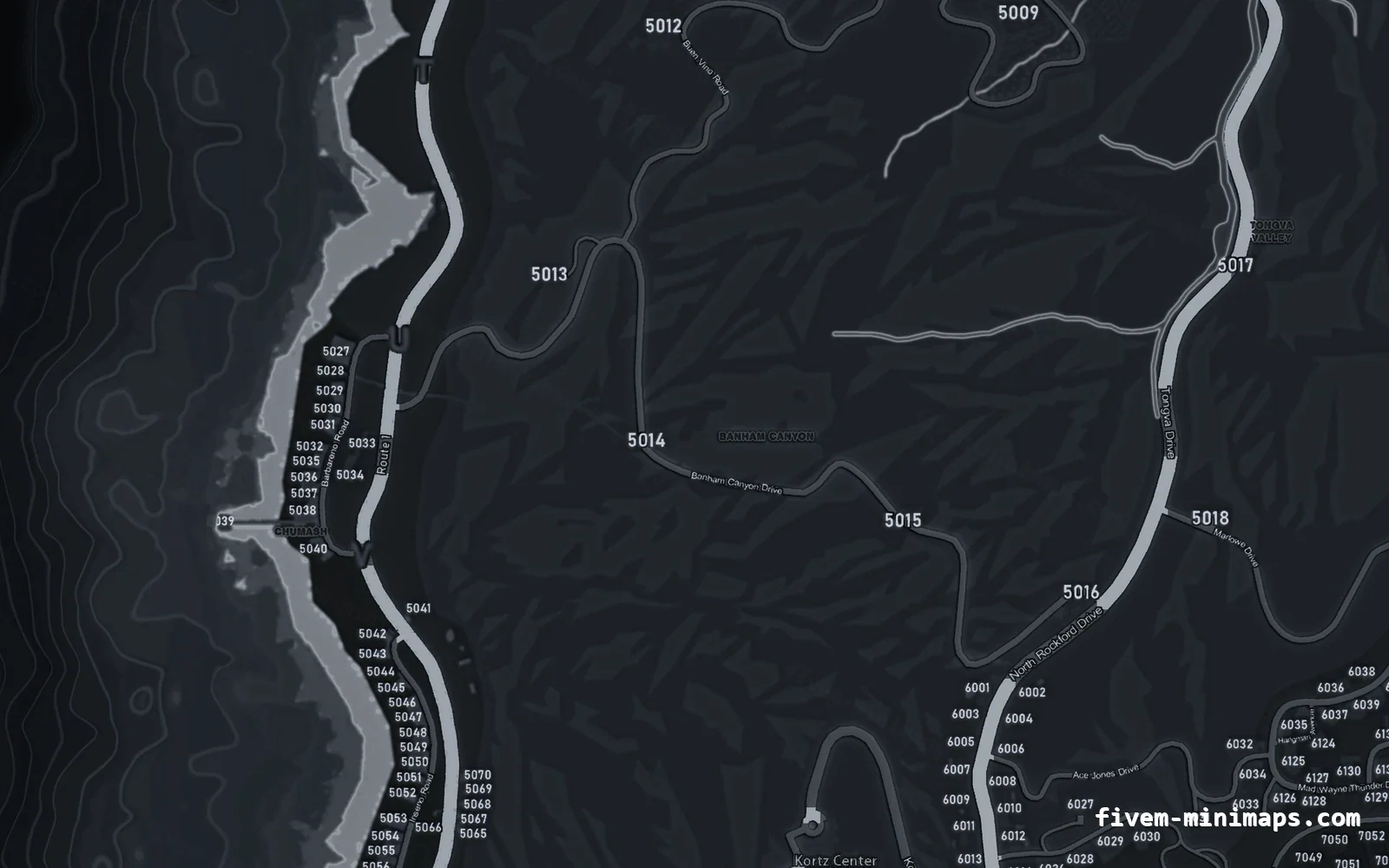 Gray minimap — West coast Gray GRAPHITE FiveM minimap for GTA V — with postal codes — showing the west coast and depth contours