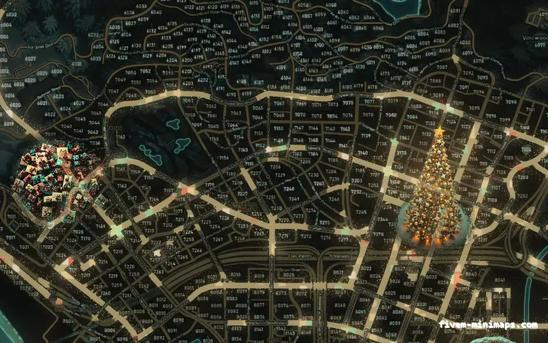 Christmas Green WINTER EMERALD FiveM-compatible minimap for GTA 5 — with postal codes — showing Los Santos street detail