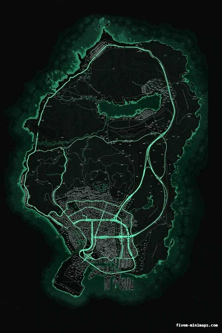 Green EMERALD FiveM minimap for GTA V — google style — showing the whole San Andreas map