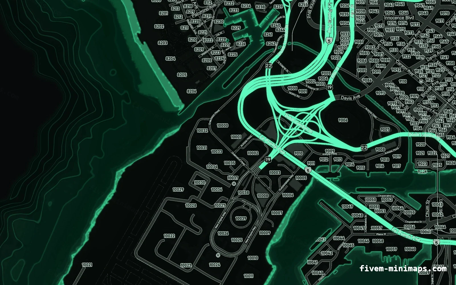Green EMERALD FiveM minimap for GTA V — google style — showing the harbour and industrial docks
