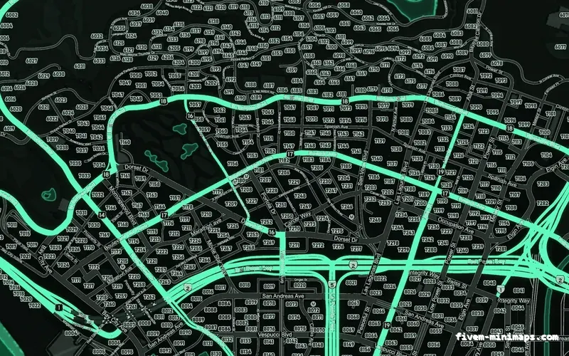 Green EMERALD FiveM minimap for GTA V — google style — showing Los Santos street detail