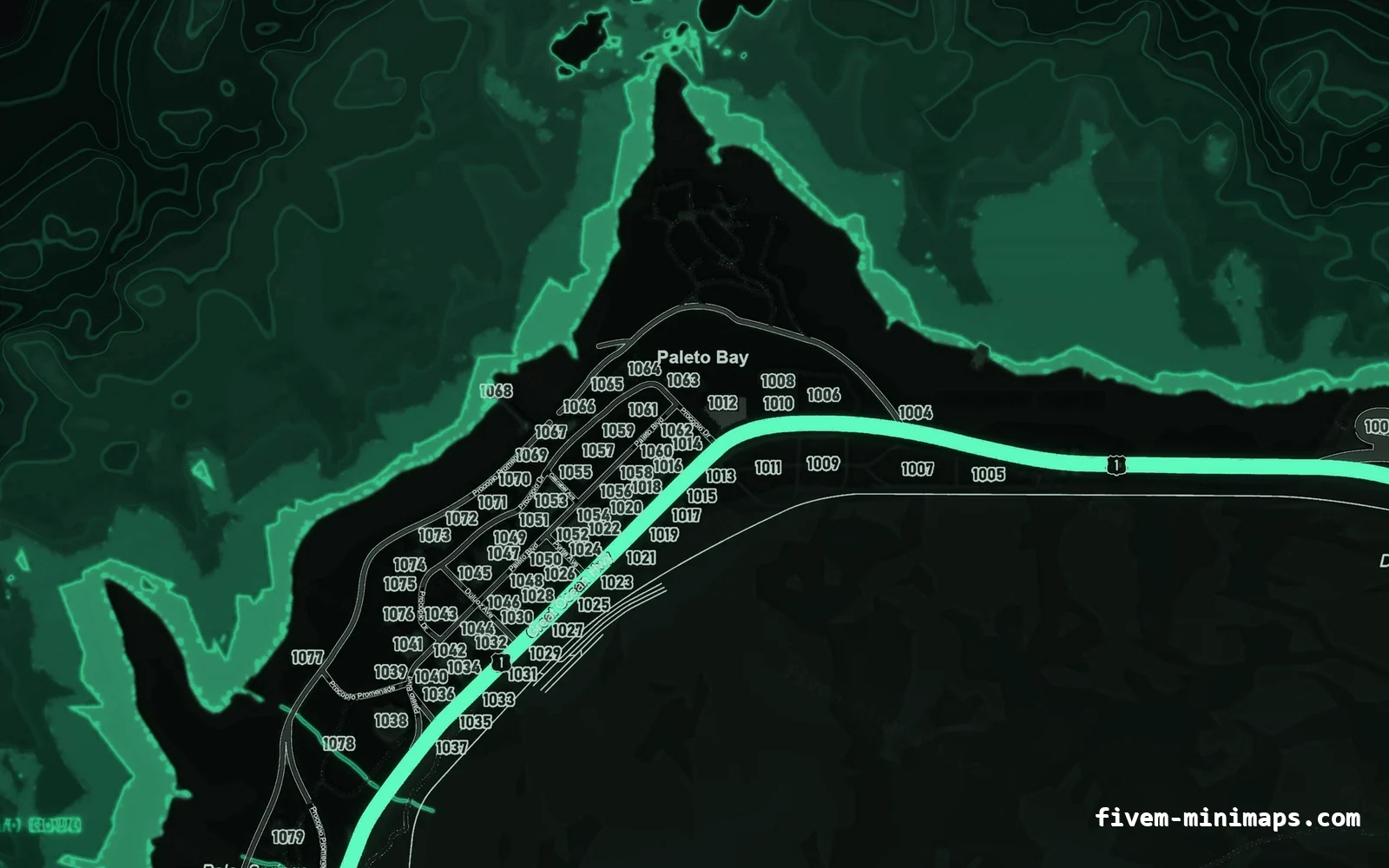 Green EMERALD FiveM minimap for GTA V — google style — showing Paleto Bay and Mount Chiliad