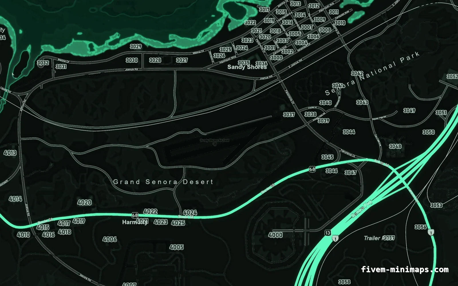 Green EMERALD FiveM minimap for GTA V — google style — showing Sandy Shores and the desert