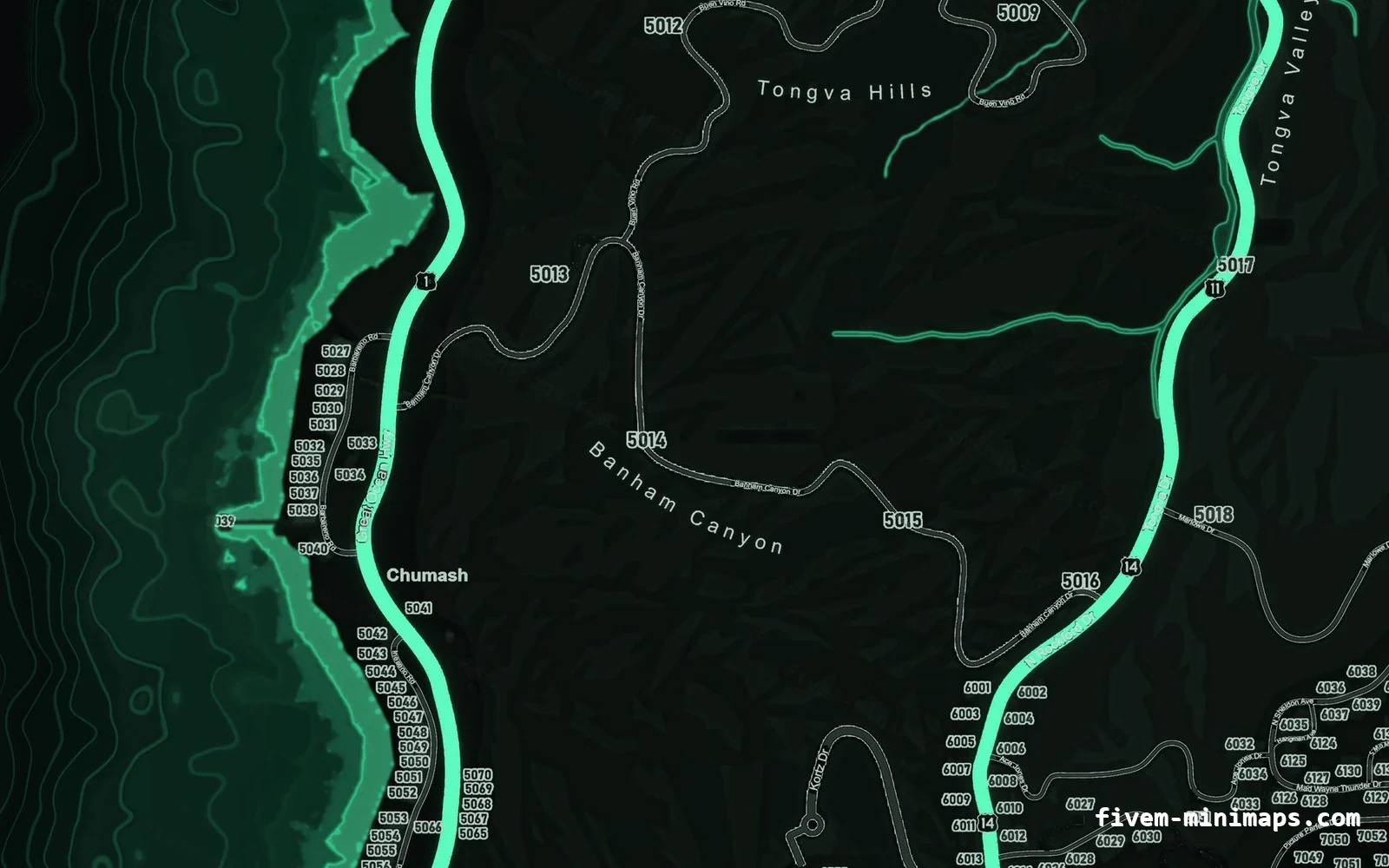 Green EMERALD FiveM minimap for GTA V — google style — showing the west coast and depth contours