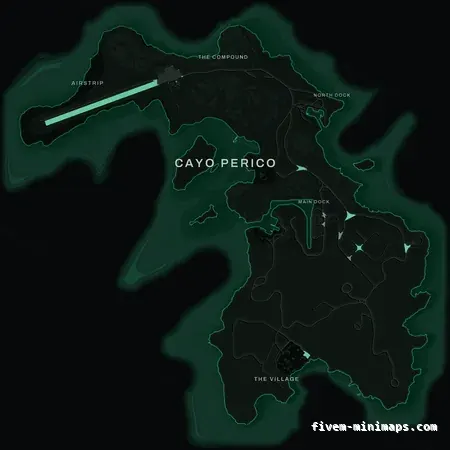 Green EMERALD Cayo Perico FiveM-compatible minimap for GTA 5 — optional island add-on in the same palette, without postal codes