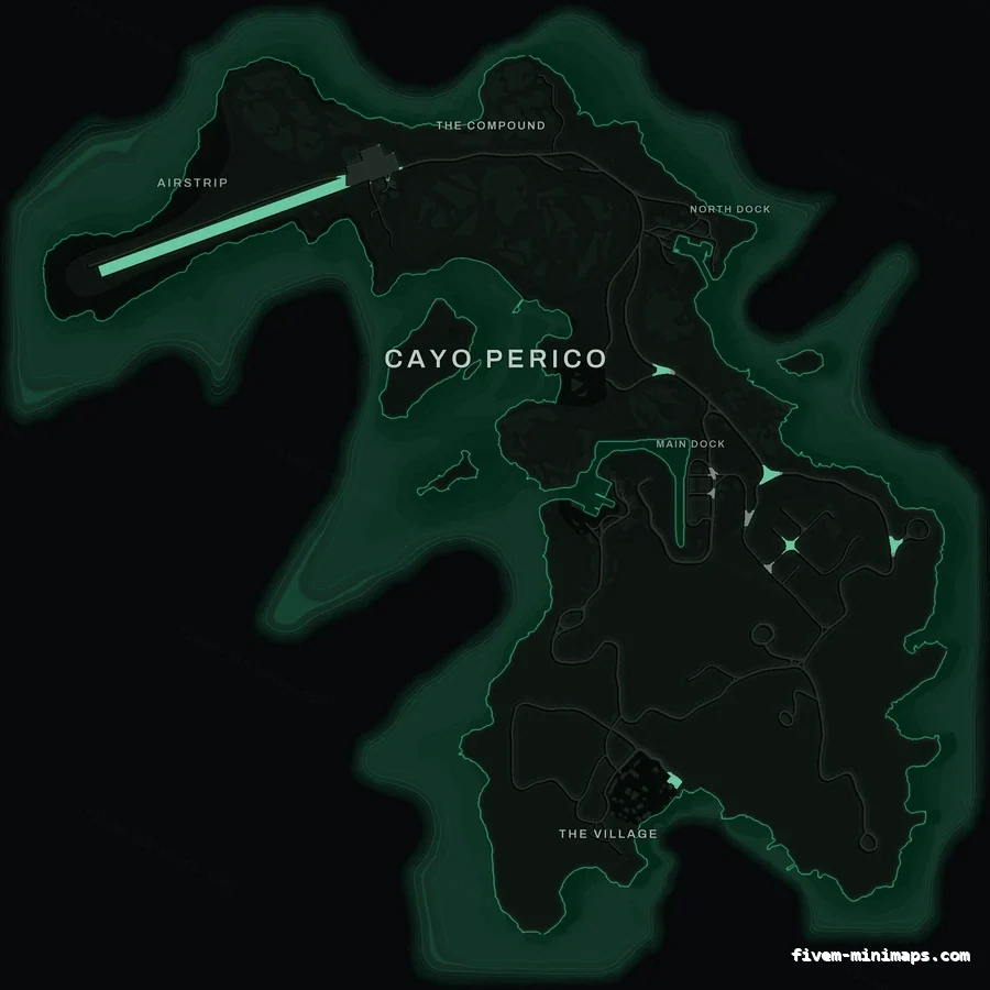 Green EMERALD Cayo Perico FiveM-compatible minimap for GTA 5 — optional island add-on in the same palette, without postal codes