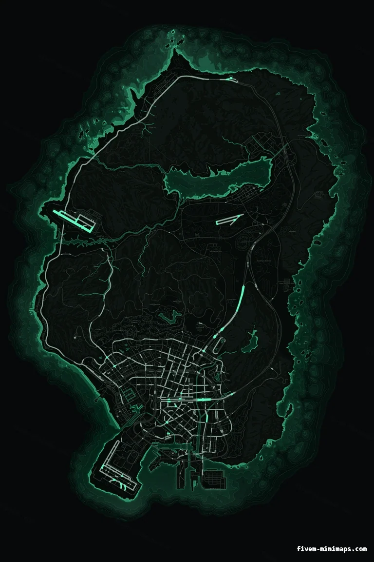 Green EMERALD FiveM minimap for GTA V — without postal codes — showing the whole San Andreas map