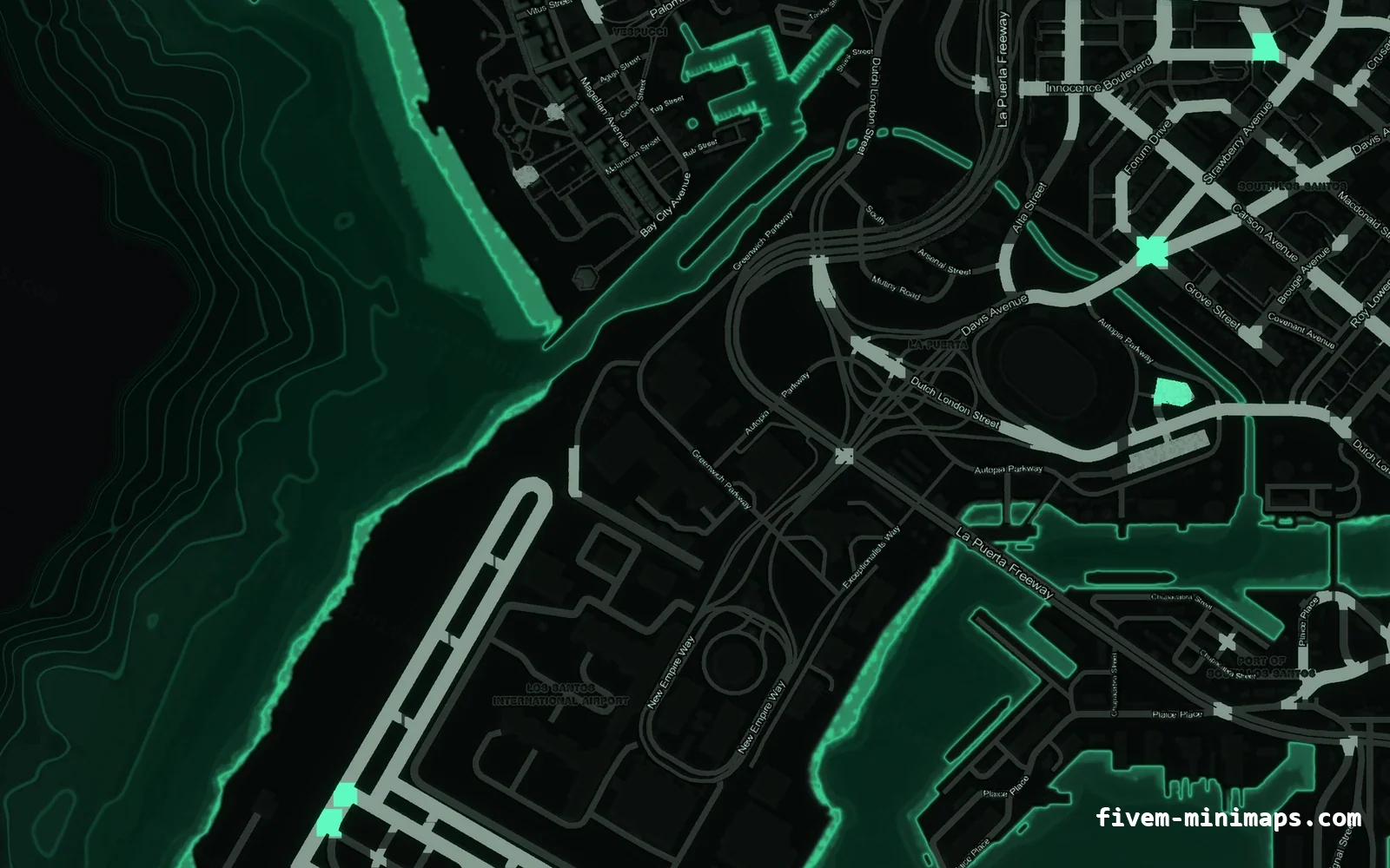 Green EMERALD FiveM minimap for GTA V — without postal codes — showing the harbour and industrial docks