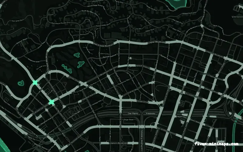 Green EMERALD FiveM minimap for GTA V — without postal codes — showing Los Santos street detail