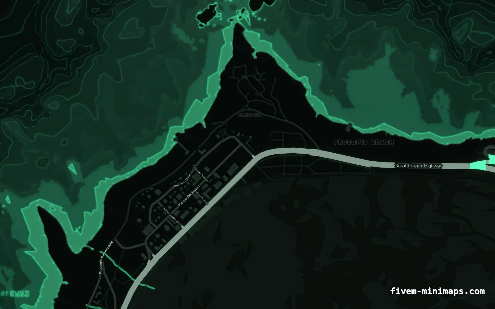 Green EMERALD FiveM minimap for GTA V — without postal codes — showing Paleto Bay and Mount Chiliad