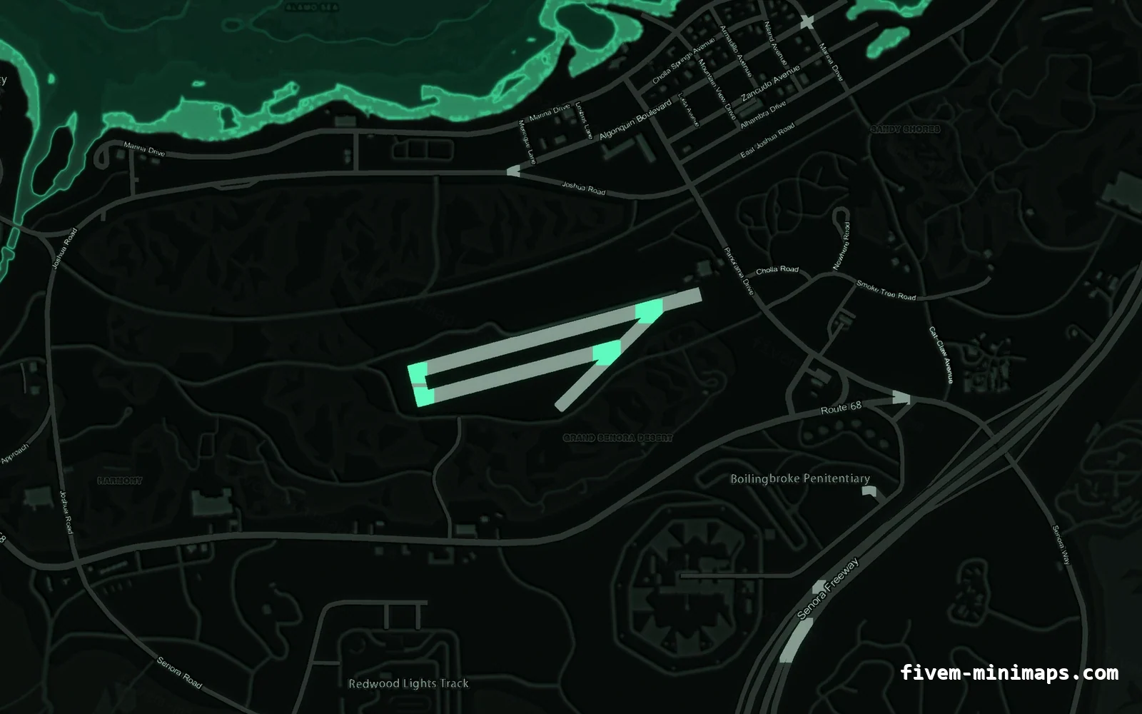 Green EMERALD FiveM minimap for GTA V — without postal codes — showing Sandy Shores and the desert