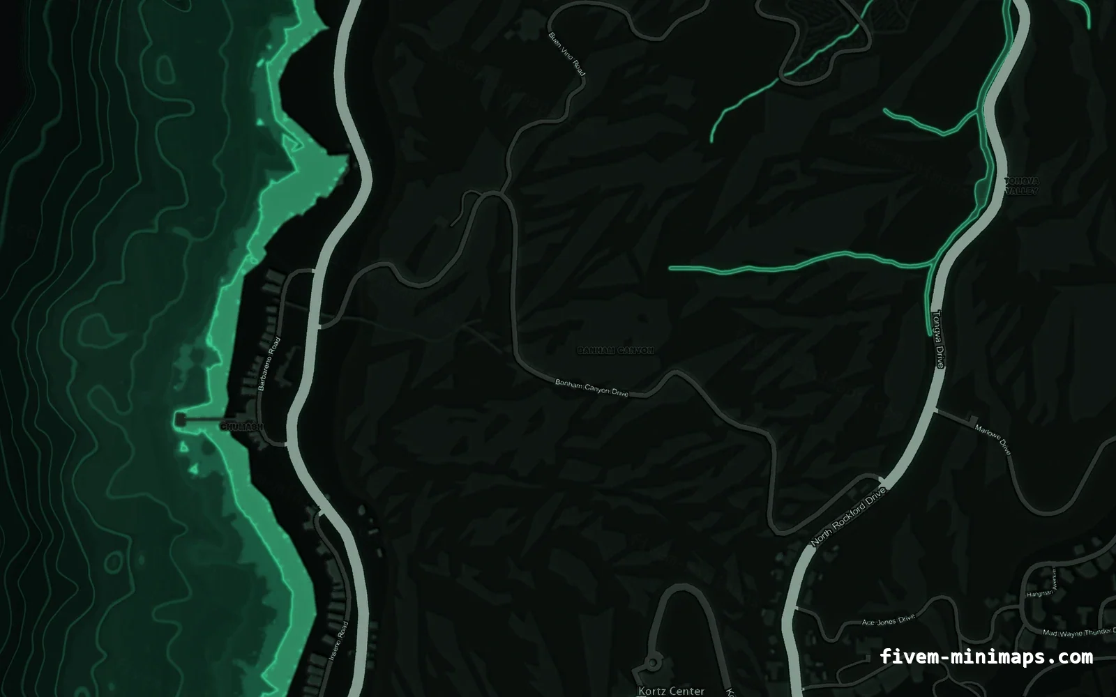Green EMERALD FiveM minimap for GTA V — without postal codes — showing the west coast and depth contours