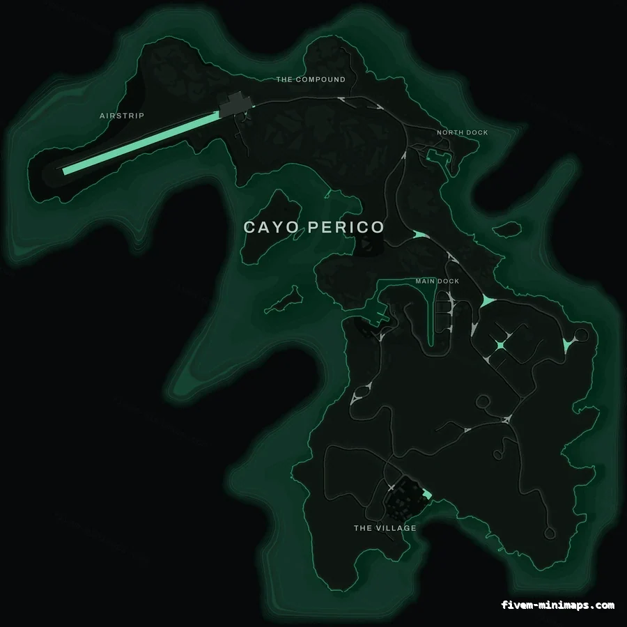 Green EMERALD Cayo Perico FiveM-compatible minimap for GTA 5 — optional island add-on in the same palette, with postal codes