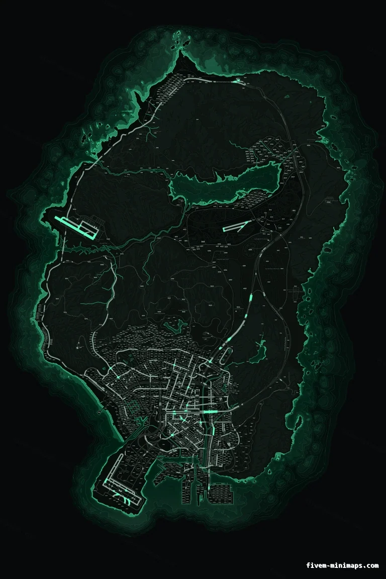 Green EMERALD FiveM minimap for GTA V — with postal codes — showing the whole San Andreas map