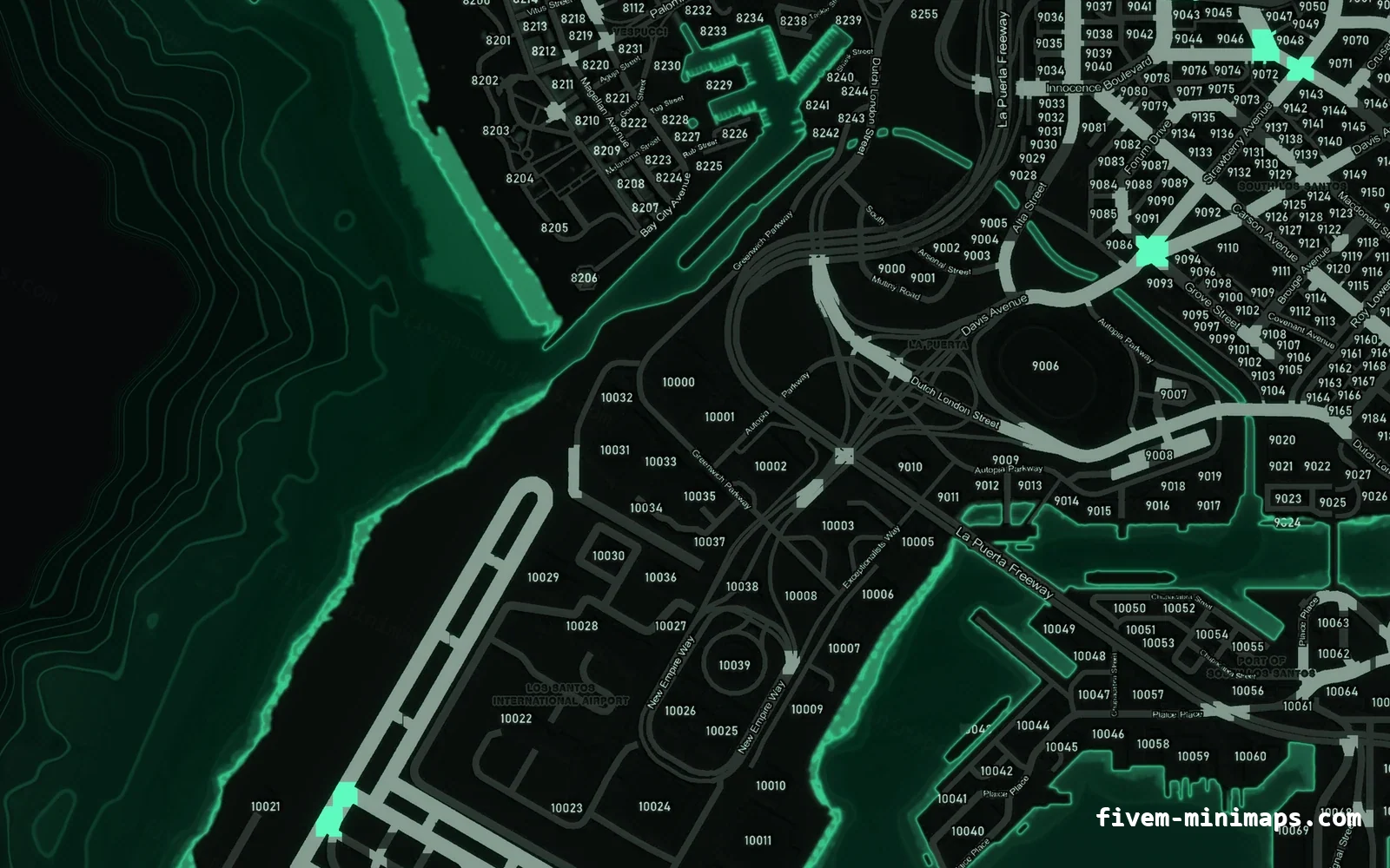 Green minimap — Harbour Green EMERALD FiveM minimap for GTA V — with postal codes — showing the harbour and industrial docks