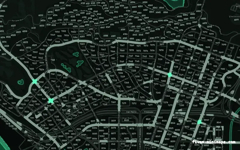 Green EMERALD FiveM minimap for GTA V — with postal codes — showing Los Santos street detail