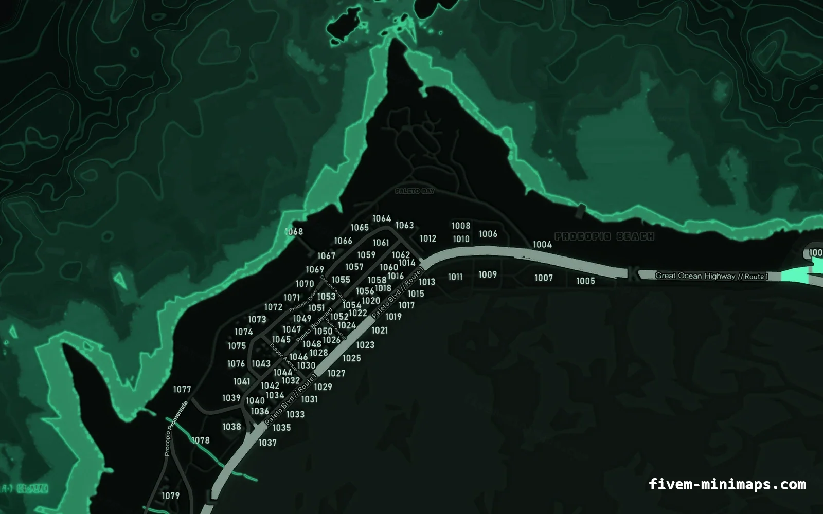 Green minimap — Paleto Bay Green EMERALD FiveM minimap for GTA V — with postal codes — showing Paleto Bay and Mount Chiliad