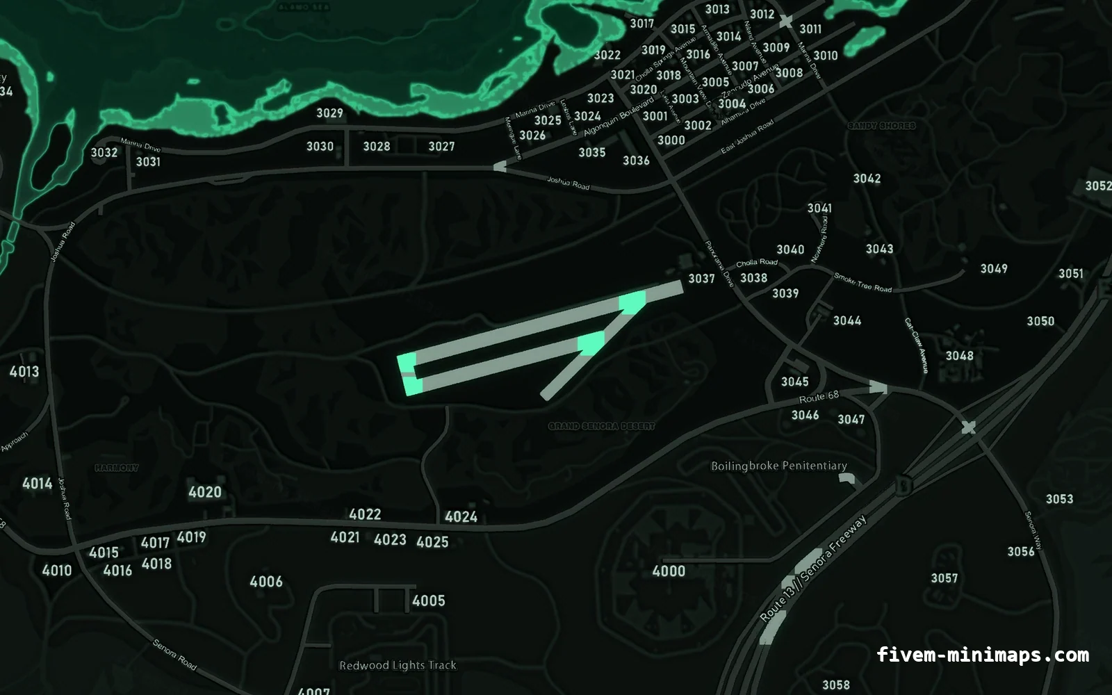 Green minimap — Sandy Shores Green EMERALD FiveM minimap for GTA V — with postal codes — showing Sandy Shores and the desert