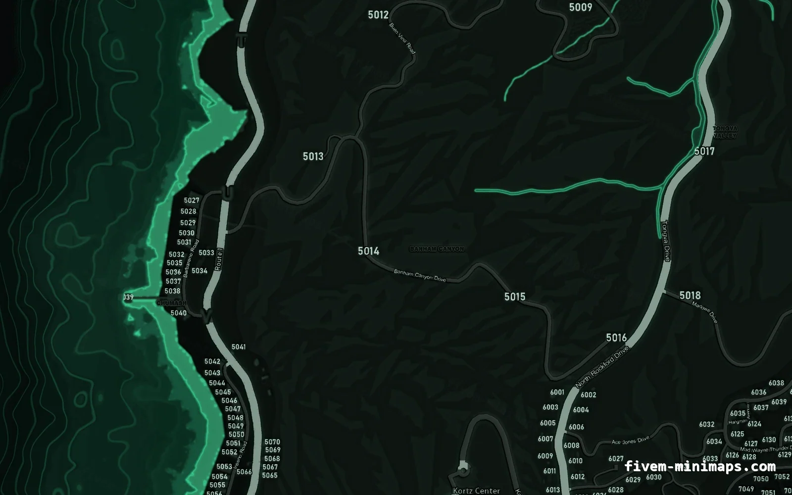 Green minimap — West coast Green EMERALD FiveM minimap for GTA V — with postal codes — showing the west coast and depth contours