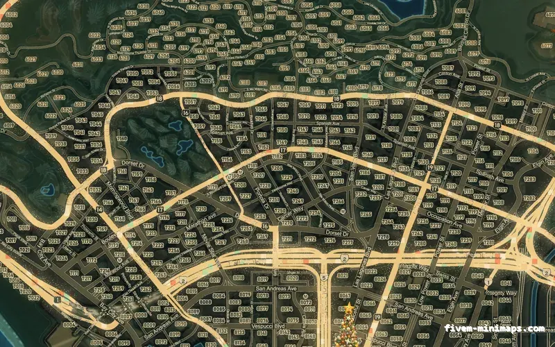 Christmas Mixed dark WINTER TOPO NIGHT FiveM-compatible minimap for GTA 5 — google style — showing Los Santos street detail