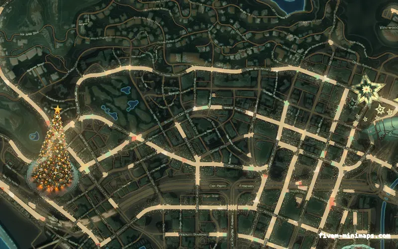 Christmas Mixed dark WINTER TOPO NIGHT FiveM-compatible minimap for GTA 5 — without postal codes — showing Los Santos street detail