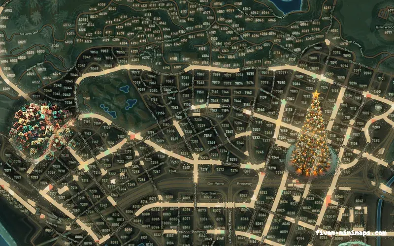 Christmas Mixed dark WINTER TOPO NIGHT FiveM-compatible minimap for GTA 5 — with postal codes — showing Los Santos street detail
