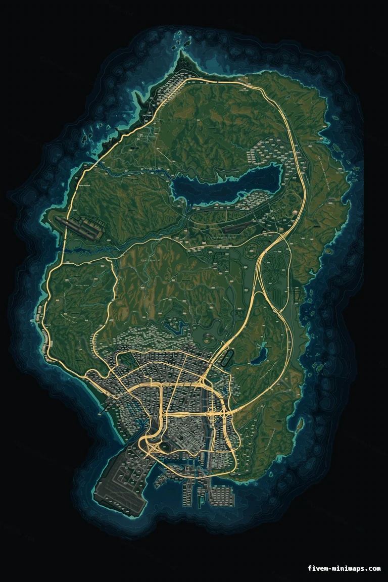 Mixed dark TOPO NIGHT FiveM minimap for GTA V — google style — showing the whole San Andreas map