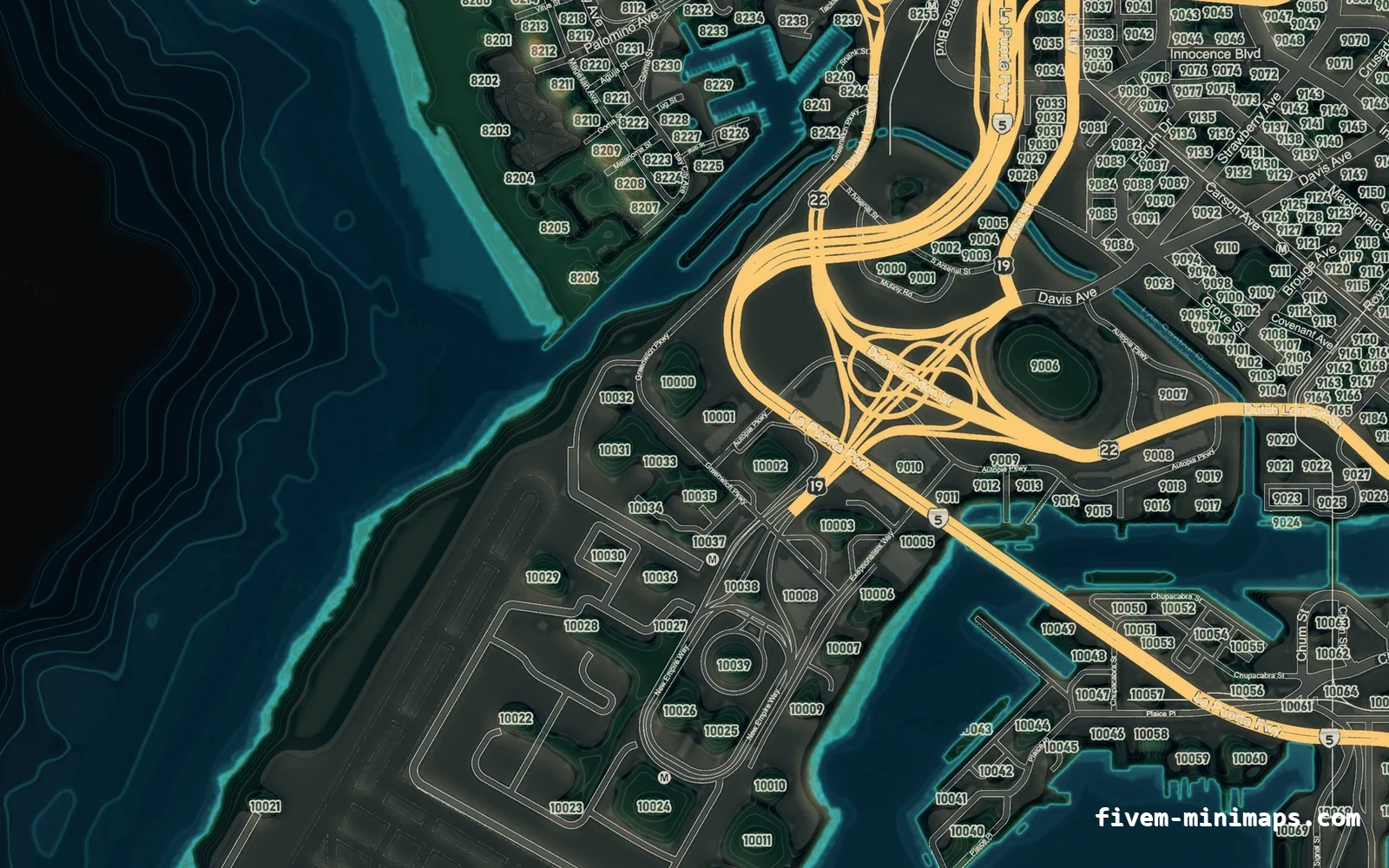 Mixed dark TOPO NIGHT FiveM minimap for GTA V — google style — showing the harbour and industrial docks