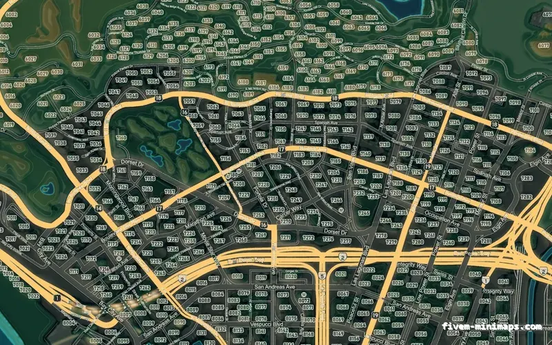 Mixed dark TOPO NIGHT FiveM minimap for GTA V — google style — showing Los Santos street detail