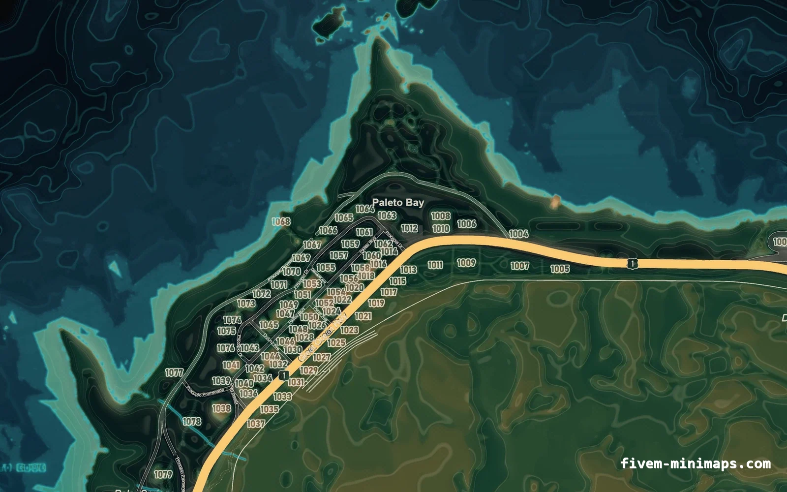 Mixed dark TOPO NIGHT FiveM minimap for GTA V — google style — showing Paleto Bay and Mount Chiliad