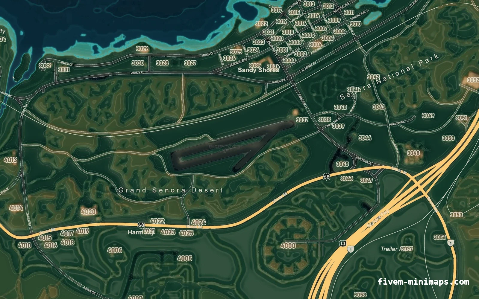 Mixed dark TOPO NIGHT FiveM minimap for GTA V — google style — showing Sandy Shores and the desert