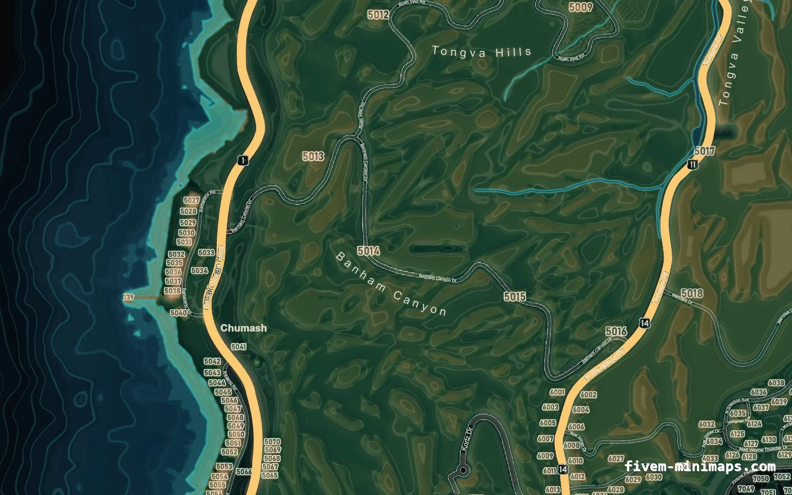 Mixed dark TOPO NIGHT FiveM minimap for GTA V — google style — showing the west coast and depth contours