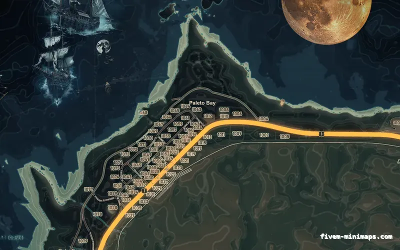 Halloween Mixed dark HAUNTED TOPO NIGHT FiveM-compatible minimap for GTA 5 — google style — showing Paleto Bay and Mount Chiliad