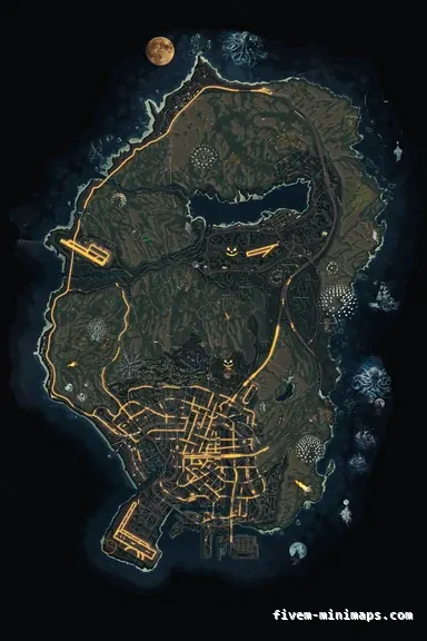 Halloween Mixed dark HAUNTED TOPO NIGHT FiveM-compatible minimap for GTA 5 — without postal codes — showing the whole Los Santos and Blaine County map