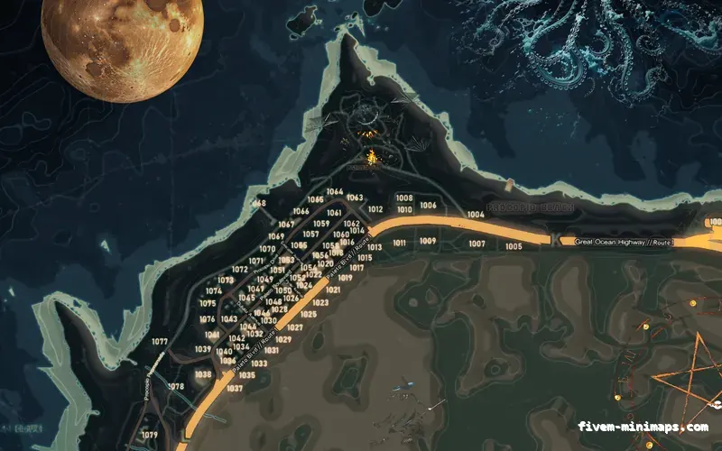 Halloween Mixed dark HAUNTED TOPO NIGHT FiveM-compatible minimap for GTA 5 — with postal codes — showing Paleto Bay and Mount Chiliad