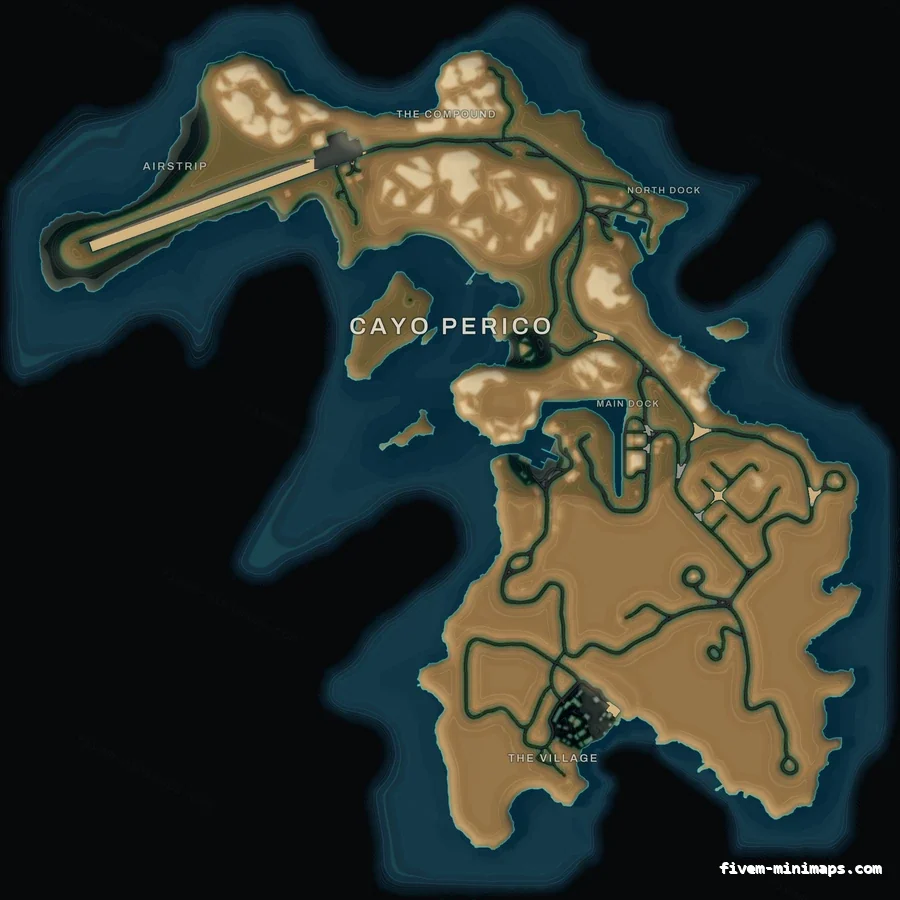 Mixed dark TOPO NIGHT Cayo Perico FiveM-compatible minimap for GTA 5 — optional island add-on in the same palette, without postal codes